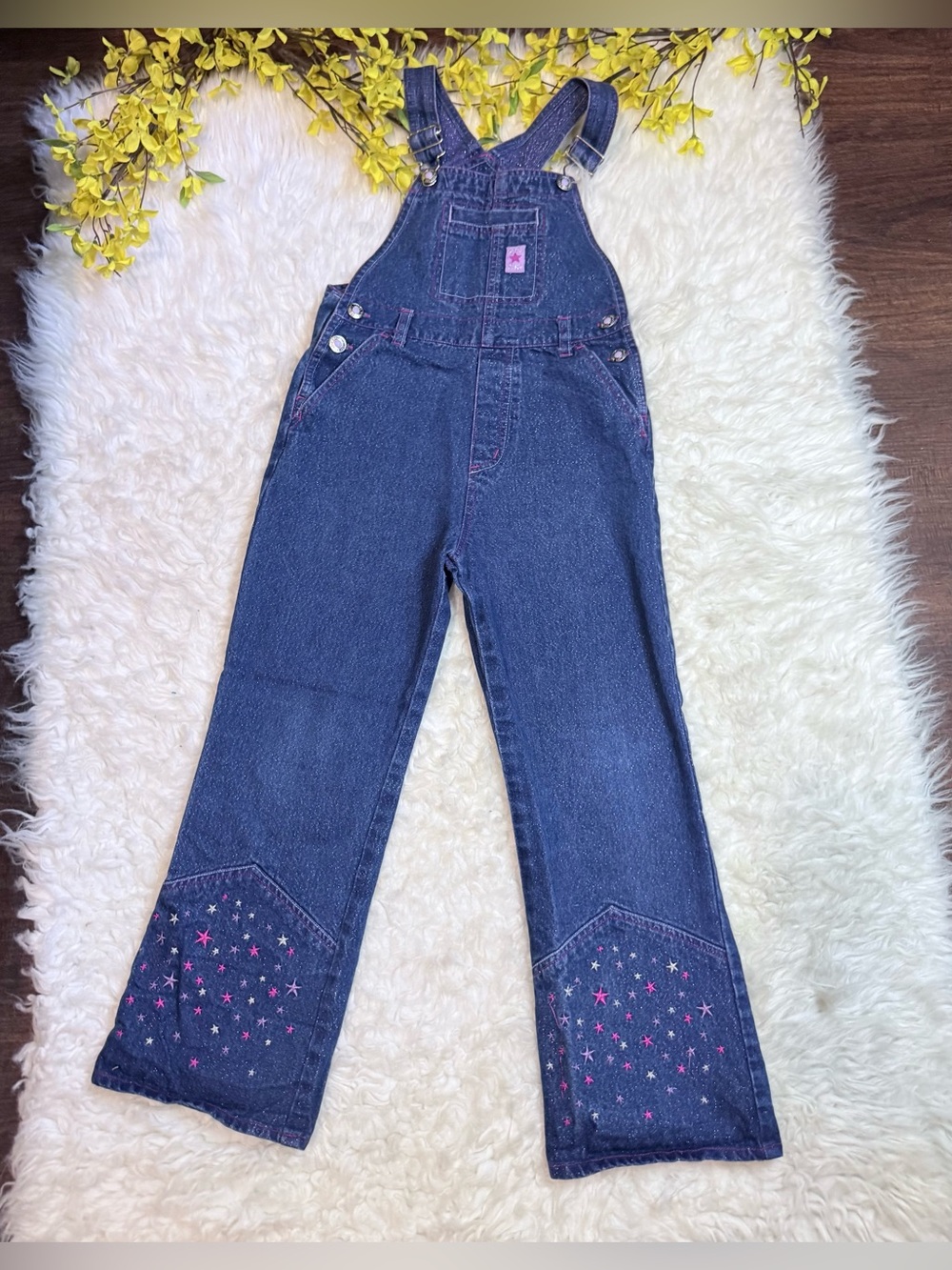 Faded Glory Dark Blue Denim Overalls with Pink Star Details